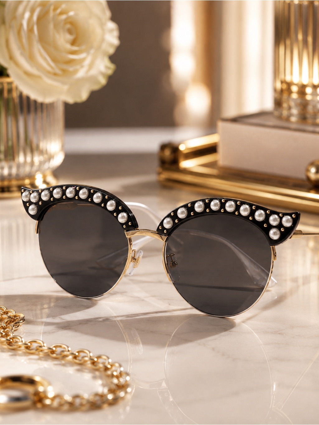 Gucci Black Cat-Eye Sunglasses With Pearl Trim